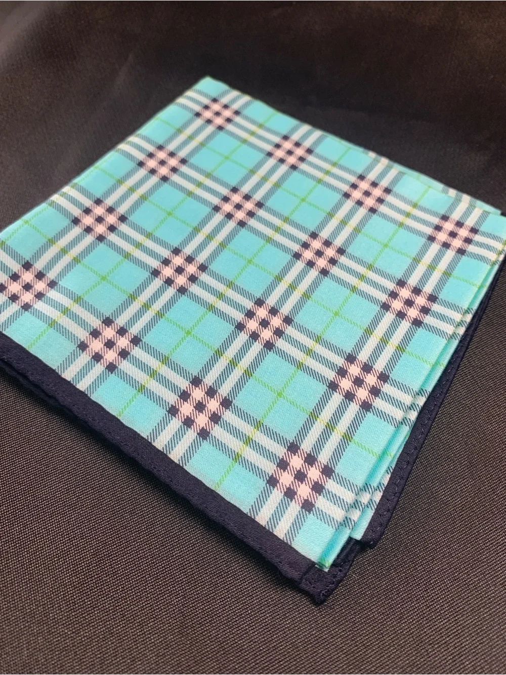 Burberry Plaid Handkerchief in Aqua Blue and Navy Trim